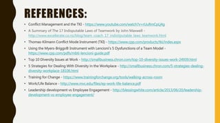 REFERENCES:
• Conflict Management and the TKI - https://www.youtube.com/watch?v=rUuRmCpLj4g
• A Summary of The 17 Indisputable Laws of Teamwork by John Maxwell -
http://www.excellerate.co.nz/blog/team_coach_17_indistiputable_laws_teamwork.html
• Thomas-Kilmann Conflict Mode Instrument (TKI) - https://www.cpp.com/products/tki/index.aspx
• Using the Myers-Briggs® Instrument with Lencioni’s 5 Dysfunctions of a Team Model -
https://www.cpp.com/pdfs/mbti-lencioni-guide.pdf
• Top 10 Diversity Issues at Work - http://smallbusiness.chron.com/top-10-diversity-issues-work-24939.html
• 5 Strategies for Dealing With Diversity in the Workplace - http://smallbusiness.chron.com/5-strategies-dealing-
diversity-workplace-18106.html
• Training for Change - https://www.trainingforchange.org/tools/walking-across-room
• Work/Life Balance - http://www.mvc.edu/files/ep-work-life-balance.pdf
• Leadership development vs Employee Engagement - http://blessingwhite.com/article/2013/06/20/leadership-
development-vs-employee-engagement/
 