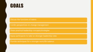 GOALS
Discuss the functions of teams
Confer perspectives on change management
Share practical leadership concepts/strategies
Equip participants to take on stronger leadership roles
Provide techniques for a stronger work/life balance
 