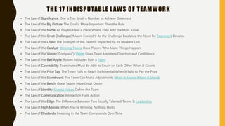 THE 17 INDISPUTABLE LAWS OF TEAMWORK
• The Law of Significance: One Is Too Small a Number to Achieve Greatness
• The Law of the Big Picture: The Goal is More Important Than the Role
• The Law of the Niche: All Players Have a Place Where They Add the Most Value
• The Law of the Great Challenge ("Mount Everest"): As the Challenge Escalates, the Need for Teamwork Elevates
• The Law of the Chain: The Strength of the Team Is Impacted by Its Weakest Link
• The Law of the Catalyst: Winning Teams Have Players Who Make Things Happen
• The Law of the Vision ("Compass"): Vision Gives Team Members Direction and Confidence
• The Law of the Bad Apple: Rotten Attitudes Ruin a Team
• The Law of Countability: Teammates Must Be Able to Count on Each Other When It Counts
• The Law of the Price Tag: The Team Fails to Reach Its Potential When It Fails to Pay the Price
• The Law of the Scoreboard: The Team Can Make Adjustments When It Knows Where It Stands
• The Law of the Bench: Great Teams Have Great Depth
• The Law of Identity: Shared Values Define the Team
• The Law of Communication: Interaction Fuels Action
• The Law of the Edge: The Difference Between Two Equally Talented Teams Is Leadership
• The Law of High Morale: When You're Winning, Nothing Hurts
• The Law of Dividends: Investing in the Team Compounds Over Time
 