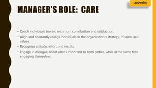 MANAGER’S ROLE: CARE
• Coach individuals toward maximum contribution and satisfaction.
• Align and constantly realign individuals to the organization’s strategy, mission, and
values.
• Recognize attitude, effort, and results.
• Engage in dialogue about what’s important to both parties, while at the same time
engaging themselves.
Leadership
 