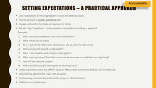 SETTING EXPECTATIONS – A PRACTICAL APPROACH
 Link expectations to the organization’s vision and strategic goals
 Prioritize between quality, speed and cost
 Engage and ask for the ideas and opinions of others
 Ask the “right” questions - communication is important and clarity is powerful
Examples:
1. What have you understood from this conversation?
2. What results do we want?
3. As a result of this interaction, what do you see as your/my next steps?
4. Who will own the project or deliverable?
5. What is the deadline and progress check points?
6. What does “goodness” look like or how do we know we accomplished our objectives?
7. How will we measure success?
8. Who owns this process or program for the long-term?
 Create expectations that are SMART (Specific, Measurable, Achievable, Realistic and Timebound)
 Document all agreements, share with all parties
 Continuously communicate and monitor progress – Be Consistent
 Celebrate accomplishments
Accountability
 