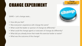 CHANGE EXPERIMENT
GAME = Let’s change seats…
• How did you feel?
• Was everyone’s experience with change the same?
• What could the leader or sponsor of change do differently?
• What could the change agents or executers of change do differently?
• What did you already know that made this exercise harder or easier?
• What was the outcome of the change?
Change
Management
 