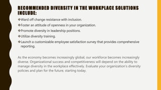 RECOMMENDED DIVERSITY IN THE WORKPLACE SOLUTIONS
INCLUDE:
Ward off change resistance with inclusion.
Foster an attitude of openness in your organization.
Promote diversity in leadership positions.
Utilize diversity training.
Launch a customizable employee satisfaction survey that provides comprehensive
reporting.
As the economy becomes increasingly global, our workforce becomes increasingly
diverse. Organizational success and competitiveness will depend on the ability to
manage diversity in the workplace effectively. Evaluate your organization’s diversity
policies and plan for the future, starting today.
 