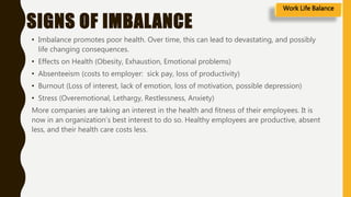 SIGNS OF IMBALANCE
• Imbalance promotes poor health. Over time, this can lead to devastating, and possibly
life changing consequences.
• Effects on Health (Obesity, Exhaustion, Emotional problems)
• Absenteeism (costs to employer: sick pay, loss of productivity)
• Burnout (Loss of interest, lack of emotion, loss of motivation, possible depression)
• Stress (Overemotional, Lethargy, Restlessness, Anxiety)
More companies are taking an interest in the health and fitness of their employees. It is
now in an organization’s best interest to do so. Healthy employees are productive, absent
less, and their health care costs less.
Work Life Balance
 