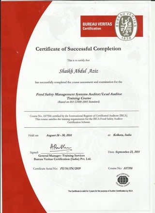 ISO 22000 Lead Audtor Certificate