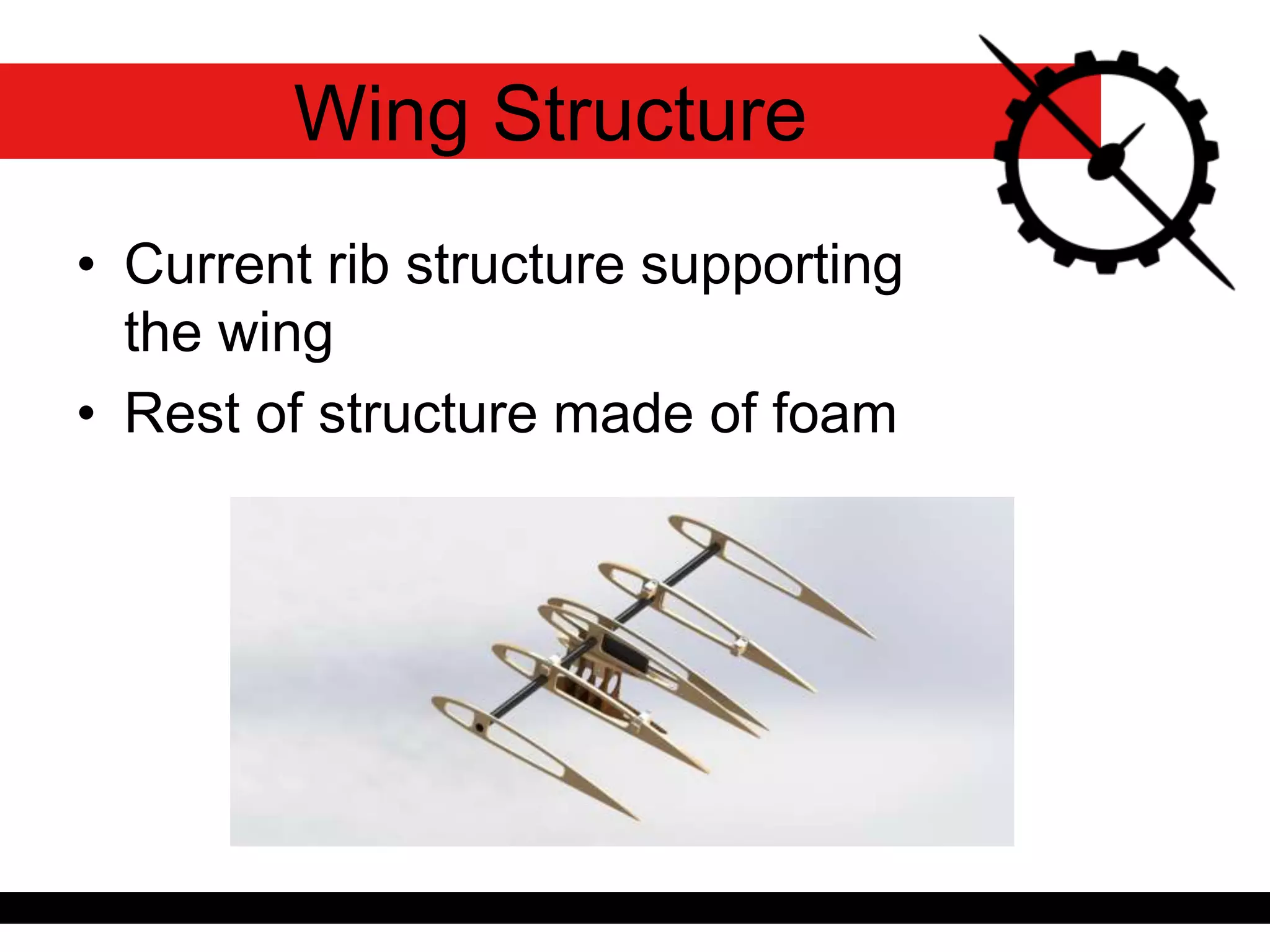 • Current rib structure supporting
the wing
• Rest of structure made of foam
Wing Structure
 