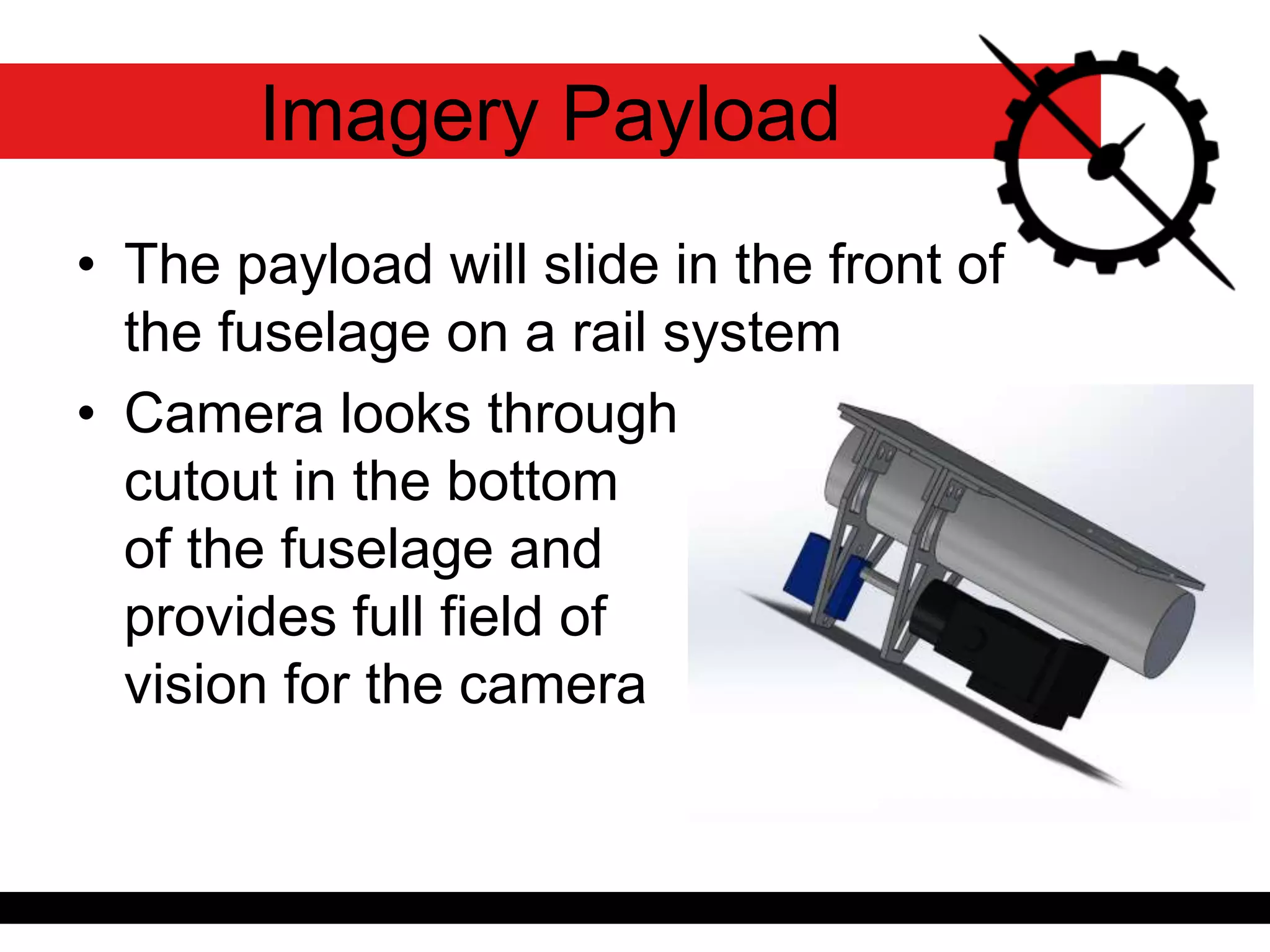 • The payload will slide in the front of
the fuselage on a rail system
• Camera looks through
cutout in the bottom
of the fuselage and
provides full field of
vision for the camera
Imagery Payload
 
