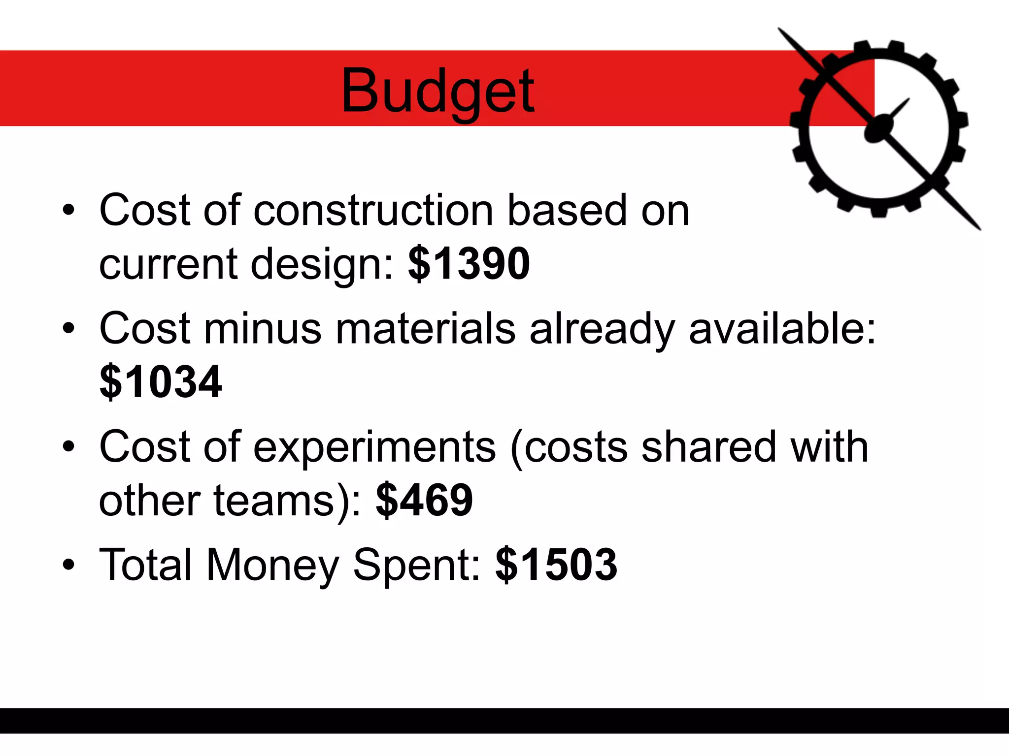 • Cost of construction based on
current design: $1390
• Cost minus materials already available:
$1034
• Cost of experiments (costs shared with
other teams): $469
• Total Money Spent: $1503
Budget
 