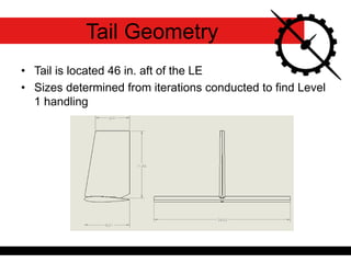 • Tail is located 46 in. aft of the LE
• Sizes determined from iterations conducted to find Level
1 handling
Tail Geometry
 