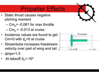 • Static thrust causes negative
pitching moment
– Cmp= -0.081 for max throttle
– Cmp = -0.013 at cruise
• Incidence values are found to get
Cm=0 with de=0 at cruise
• Streamtube increases freestream
velocity over part of wing and tail
• qt/qw=1.5
• At takeoff de=-150
Propeller Effects
 