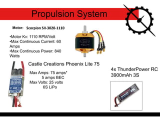Motor:
Propulsion System
Scorpion SII-3020-1110
•Motor Kv: 1110 RPM/Volt
•Max Continuous Current: 60
Amps
•Max Continuous Power: 840
Watts
Castle Creations Phoenix Lite 75
Max Amps: 75 amps*
5 amps BEC
Max Volts: 25 volts
6S LiPo
4x ThunderPower RC
3900mAh 3S
 
