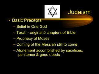 Judaism <ul><li>Basic Precepts </li></ul><ul><ul><li>Belief in One God </li></ul></ul><ul><ul><li>Torah - original 5 chapt...