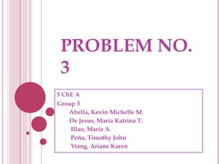 PROBLEM NO. 3 5 ChE A  Group 3 Abella, Kevin Michelle M. De Jesus, Maria Katrina T. Illao, Mariz A. Peña, Timothy John  Ytang, Ariane Karen 