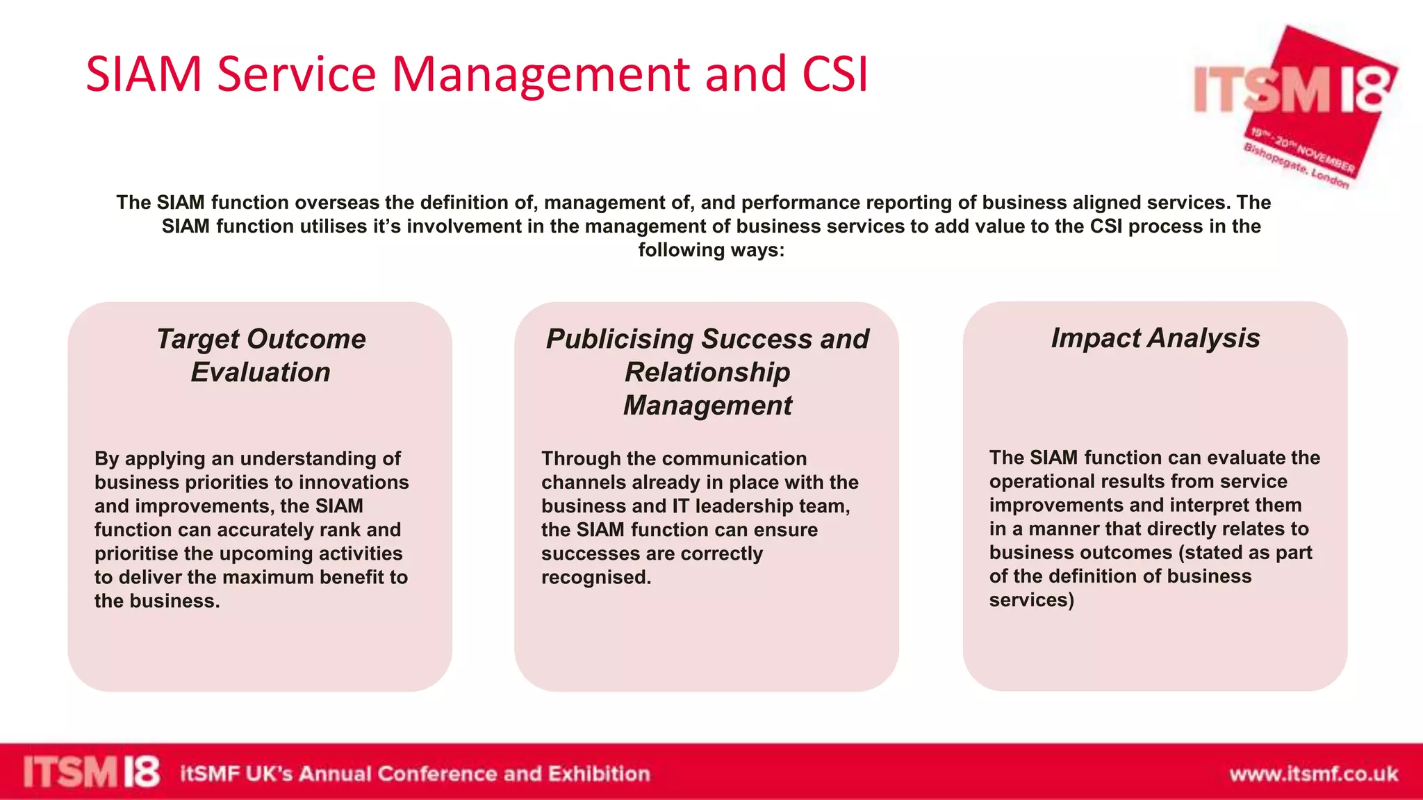 SIAM Service Management and CSI
The SIAM function overseas the definition of, management of, and performance reporting of business aligned services. The
SIAM function utilises it’s involvement in the management of business services to add value to the CSI process in the
following ways:
Publicising Success and
Relationship
Management
Through the communication
channels already in place with the
business and IT leadership team,
the SIAM function can ensure
successes are correctly
recognised.
Impact Analysis
The SIAM function can evaluate the
operational results from service
improvements and interpret them
in a manner that directly relates to
business outcomes (stated as part
of the definition of business
services)
Target Outcome
Evaluation
By applying an understanding of
business priorities to innovations
and improvements, the SIAM
function can accurately rank and
prioritise the upcoming activities
to deliver the maximum benefit to
the business.
 