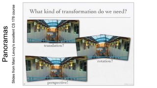 Panoramas
SlidesfromMarcLevoy’sexcellentCS178course
 