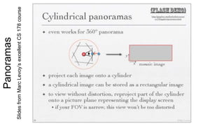 Panoramas
SlidesfromMarcLevoy’sexcellentCS178course
 