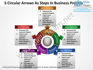 5 Circular Arrows As Steps In Business Process
                                 YOUR TEXT HERE
                                 Download this
                                  awesome diagram
                                 Capture your
                                  audience’s
                                  attention.
                                 All images are
                                  100% editable in
                                  powerpoint.
        PUT TEXT HERE                                       YOUR TEXT HERE
       Download this                                       Download this
        awesome diagram                                      awesome diagram
       Capture your                                        Capture your
        audience’s                                           audience’s
        attention.                                           attention.
       All images are                                      All images are
        100% editable in                                     100% editable in
        powerpoint.                                          powerpoint.



             YOUR TEXT HERE                            PUT TEXT HERE
            Download this                            Download this
             awesome diagram                           awesome diagram
            Capture your                             Capture your
             audience’s                                audience’s
             attention.                                attention.
            All images are                           All images are
             100% editable in                          100% editable in
             powerpoint.                               powerpoint.
 