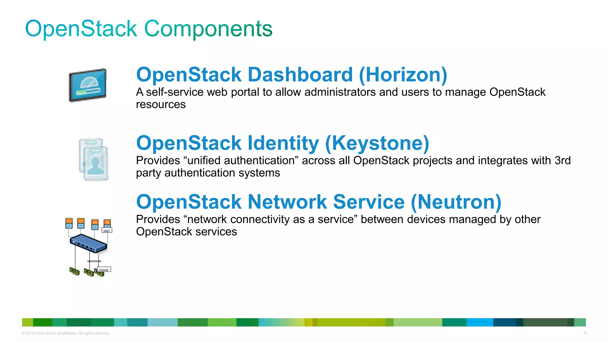 © 2013 Cisco and/or its affiliates. All rights reserved. 8
OpenStack Dashboard (Horizon)
A self-service web portal to allow administrators and users to manage OpenStack
resources
OpenStack Identity (Keystone)
Provides “unified authentication” across all OpenStack projects and integrates with 3rd
party authentication systems
OpenStack Network Service (Neutron)
Provides “network connectivity as a service” between devices managed by other
OpenStack services
 
