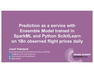 SPARK SUMMIT
EUROPE2016
Prediction as a service with
Ensemble Model trained in
SparkML and Python ScikitLearn
on 1Bn observed flight prices daily
Josef Habdank
Lead Data Scientist & Data Platform Architect at INFARE
• jha@infare.com www.infare.com
• www.linkedin.com/in/jahabdank
• @jahabdank
 