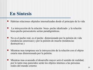 En S íntesis Habrían relaciones objetales internalizadas desde el principio de la vida La introyección de la relación  boca- pecho idealizado  y la relaci ón boca-pecho  persecutorio serían paradigmáticas. No es el pecho real, es el pecho  distorsionado por la pulsión de vida (tendencias amorosas) y por la pulsión de muerte (tendencias destructivas )  Mientras mas temprana sea la introyección de la relación con el objeto estar ía  mas distorsionada por la pulsión.  Mientras mas avanzado el desarrollo mayor será el sentido de realidad, por lo tanto mas parecidos serán los objetos internos a las personas reales del mundo externo 
