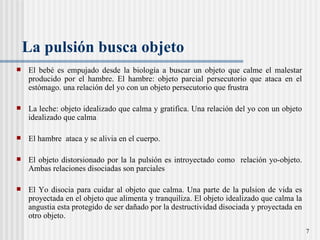 La pulsión busca objeto El bebé es empujado desde la biología a buscar un objeto que calme el malestar producido por el hambre.  El hambre: objeto parcial persecutorio que ataca en el estómago. una relación del yo con un objeto persecutorio que frustra La leche: objeto idealizado que calma y gratifica. Una relación del yo con un objeto idealizado que calma  El hambre  ataca y se alivia en el cuerpo.  El objeto distorsionado por la la pulsión es introyectado como  relación yo-objeto. Ambas relaciones disociadas son  parciales El Yo disocia para cuidar al objeto que calma. Una parte de la pulsion de vida es proyectada en el objeto que alimenta y tranquiliza. El objeto idealizado que calma la angustia esta protegido de ser dañado por la destructividad disociada y proyectada en otro objeto.  
