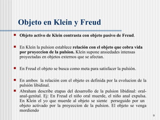 Objeto en  Klein y Freud Objeto activo de Klein contrasta con objeto pasivo de Freud .  En Klein la pulsion establece  relación con el objeto que cobra vida por proyeccion de la pulsion.  Klein supone ansiedades intensas proyectadas en objetos externos que se afectan.  En Freud el objeto se busca como meta para satisfacer la pulsión.  En ambos  la relación con el objeto es definida por la evolucion de la pulsión libidinal.  Abraham describe etapas del desarrollo de la pulsion libidinal: oral-anal-genital. Ej: En Freud el niño oral muerde, el niño anal expulsa. En Klein el yo que muerde al objeto se siente  perseguido por un  objeto activado por la proyeccion de la pulsion. El objeto se venga mordiendo 