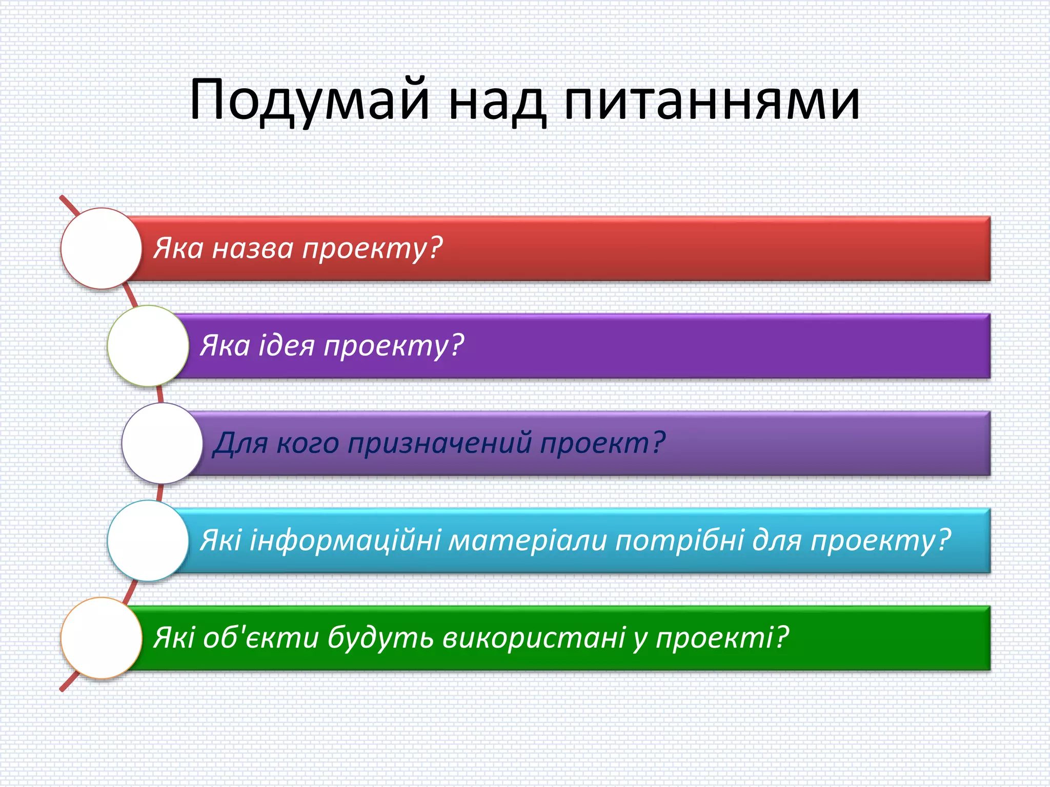Подумай над питаннями
Яка назва проекту?
Яка ідея проекту?
Для кого призначений проект?
Які інформаційні матеріали потрібні для проекту?
Які об'єкти будуть використані у проекті?
 