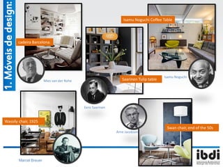 Mies van der Rohe
Eero Saarinen
Saarinen Tulip table
Isamu Noguchi
Isamu Noguchi Coffee Table
cadeira Barcelona.
Wassily chair, 1925
Marcel Breuer
Swan chair, end of the 50s
Arne Jacobsen
1.Móveisdedesign:
 