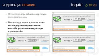 ИНДЕКСАЦИЯ СТРАНИЦ
o Были предложены и реализованы
нестандартные и уникальные
способы улучшения индексации
страниц сайта
o Полностью переработана структура
главной страницы
 