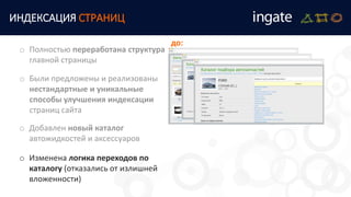 ИНДЕКСАЦИЯ СТРАНИЦ
o Были предложены и реализованы
нестандартные и уникальные
способы улучшения индексации
страниц сайта
o Полностью переработана структура
главной страницы
o Добавлен новый каталог
автожидкостей и аксессуаров
o Изменена логика переходов по
каталогу (отказались от излишней
вложенности)
до:
 