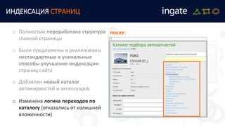 ИНДЕКСАЦИЯ СТРАНИЦ
o Были предложены и реализованы
нестандартные и уникальные
способы улучшения индексации
страниц сайта
o Полностью переработана структура
главной страницы
o Добавлен новый каталог
автожидкостей и аксессуаров
o Изменена логика переходов по
каталогу (отказались от излишней
вложенности)
до:
после:
 
