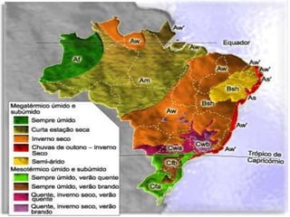 www.hugomorais.com.br
Prof. Hugo Morais
Uma outra classificação, a de Wilhelm Köppen, estuda separadamente os
elementos do clima. Ela baseia-se, predominantemente, na temperatura, nas
precipitações e na distribuição dos valores destes dois elementos do
clima durante as estações do ano.
Significado dos símbolos da classificação de Köppen
1ª letra – maiúscula, representa a característica geral do clima de uma região:
A – clima quente e úmido
B – clima árido ou semi-árido
C – clima mesotérmico ( subtropical e temperado)
2ª letra – minúscula, representa as particularidades do regime de chuva:
f – sempre úmido
m – monçônico e predominantemente úmido
s – chuvas de inverno
s’ - chuvas do outono e inverno
w – chuvas de verão
3ª letra - minúscula, representa a temperatura característica de um região:
h – quente
a – verões quentes
b – verões brandos
 