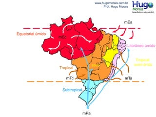 www.hugomorais.com.br
Prof. Hugo Morais
Equatorial úmido mEc
mEc
Litorâneo úmido
mEa
mTa
Tropical
semi-árido
Tropical
mTcmTc
Subtropical
mPa
seca
 