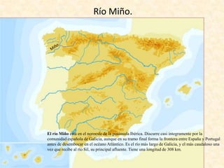 Río Miño.

El río Miño está en el noroeste de la península Ibérica. Discurre casi íntegramente por la
comunidad española de Galicia, aunque en su tramo final forma la frontera entre España y Portugal
antes de desembocar en el océano Atlántico. Es el río más largo de Galicia, y el más caudaloso una
vez que recibe al río Sil, su principal afluente. Tiene una longitud de 308 km.

 