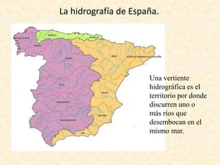 La hidrografía de España.

Una vertiente
hidrográfica es el
territorio por donde
discurren uno o
más ríos que
desembocan en el
mismo mar.

 