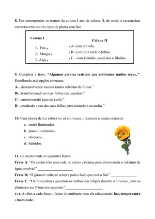 8. Faz corresponder os termos da coluna I aos da coluna II, de modo a caracterizar
correctamente os três tipos de planta sem flor.
9. Completa a frase: “Algumas plantas resistem aos ambientes muitos secos..”.
Escolhendo a(s) opções correctas.
A-...desenvolvendo muitos ramos cobertos de folhas.”
B-...transformando as suas folhas em espinhos.”
C-...armazenando água no caule.”
D-...mudando a cor das suas folhas para amarelo e castanho.”
10. Uma planta de luz sobrevive só em locais... (assinala a opção correcta)
a. muito iluminados.
b. pouco iluminados.
c. obscuros.
d. húmidos.
11. Lê atentamente as seguintes frases:
Frase A: “Os cactos têm uma rede de raízes extensas para absorverem o máximo de
água possível.” ___________________
Frase B: “O girassol volta-se sempre para o lado que está o Sol.” ______________
Frase C: “Os floricultores guardam os bolbos das tulipas durante o Inverno, para os
plantarem na Primavera seguinte.” ____________________
11.1. Atribui a cada frase o factor do ambiente com ela relacionado: luz, temperatura
e humidade.
Coluna I
1- Feto .
2- Musgo .
3- Alga .
Coluna II
. A- com um talo.
. B - com raiz caule e folhas.
. C – com rizóides, caulóides e filóides.
 