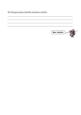 12. Distingue plantas hidrófilas de plantas xerófilas.
____________________________________________________________________
____________________________________________________________________
____________________________________________________________________
____________________________________________________________________
Bom trabalho
 