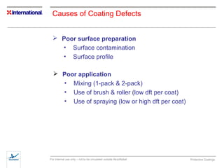 Causes of Coating Defects 
 Poor surface preparation 
• Surface contamination 
• Surface profile 
 Poor application 
• Mixing (1-pack & 2-pack) 
• Use of brush & roller (low dft per coat) 
• Use of spraying (low or high dft per coat) 
For internal use only – not to be circulated outside AkzoNobel Protective Coatings 
 