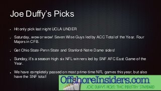 Joe Duffy’s Picks
Hit only pick last night UCLA UNDER
Saturday, wow or wow! Seven Wise Guys led by ACC Total of the Year. ...