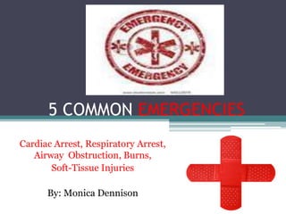 5 COMMON EMERGENCIES
Cardiac Arrest, Respiratory Arrest,
   Airway Obstruction, Burns,
       Soft-Tissue Injuries

      By: Monica Dennison
 