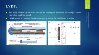 LVDT:
 The main function of this is to convert the rectangular movement of an object to the
equivalent electrical signal.
 LVDT is used to calculate displacement and works on the transformer principle.
34
 