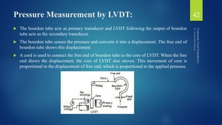 Pressure Measurement by LVDT:
 The bourdon tube acts as primary transducer and LVDT following the output of bourdon
tube acts as the secondary transducer.
 The bourdon tube senses the pressure and converts it into a displacement. The free end of
bourdon tube shows this displacement.
 A cord is used to connect the free end of bourdon tube to the core of LVDT. When the free
end shows the displacement, the core of LVDT also moves. This movement of core is
proportional to the displacement of free end, which is proportional to the applied pressure.
42
 