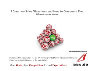 5 Common Sales Objections and How to Overcome Them
Visit us at www.aayuja.com

*Via Consulting Success

Disclaimer: This presentation and the information provided here is indicative in nature and
should not be treated as views of the organization.

Meet Goals, Beat Competition, Exceed Expectations
AAyuja © 2013

 