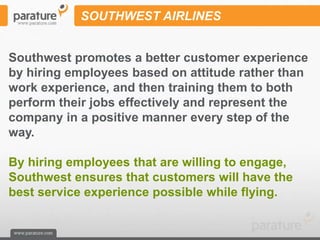 SOUTHWEST AIRLINES


Southwest promotes a better customer experience
by hiring employees based on attitude rather than
work experience, and then training them to both
perform their jobs effectively and represent the
company in a positive manner every step of the
way.

By hiring employees that are willing to engage,
Southwest ensures that customers will have the
best service experience possible while flying.
 