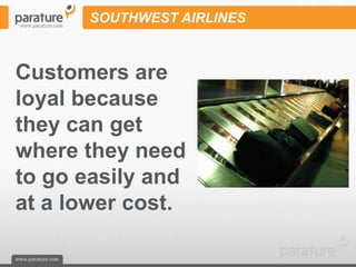 SOUTHWEST AIRLINES



Customers are
loyal because
they can get
where they need
to go easily and
at a lower cost.
 