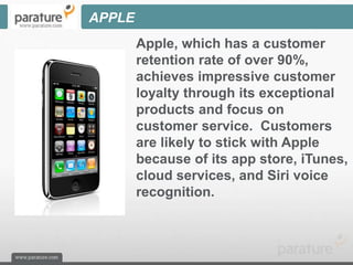 APPLE
        Apple, which has a customer
        retention rate of over 90%,
        achieves impressive customer
        loyalty through its exceptional
        products and focus on
        customer service. Customers
        are likely to stick with Apple
        because of its app store, iTunes,
        cloud services, and Siri voice
        recognition.
 