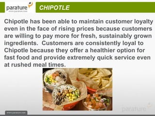 CHIPOTLE

Chipotle has been able to maintain customer loyalty
even in the face of rising prices because customers
are willing to pay more for fresh, sustainably grown
ingredients. Customers are consistently loyal to
Chipotle because they offer a healthier option for
fast food and provide extremely quick service even
at rushed meal times.
 