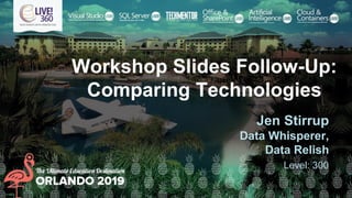Workshop Slides Follow-Up:
Comparing Technologies
Jen Stirrup
Data Whisperer,
Data Relish
Level: 300
 