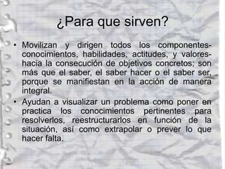 ¿Para que sirven?
• Movilizan y dirigen todos los componentes-
conocimientos, habilidades, actitudes, y valores-
hacia la consecución de objetivos concretos; son
más que el saber, el saber hacer o el saber ser,
porque se manifiestan en la acción de manera
integral.
• Ayudan a visualizar un problema como poner en
practica los conocimientos pertinentes para
resolverlos, reestructurarlos en función de la
situación, así como extrapolar o prever lo que
hacer falta.
