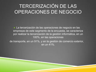 TERCERIZACIÓN DE LAS
    OPERACIONES DE NEGOCIO


    La tercerización de las operaciones de negocio en las
   empresas de este segmento de la encuesta, se caracteriza
   por realizar la tercerización de la gestión informática, en un
                      100%, en las operaciones
de transporte, en un 91%, y en la gestión de comercio exterior,
                          en un 41%.
 